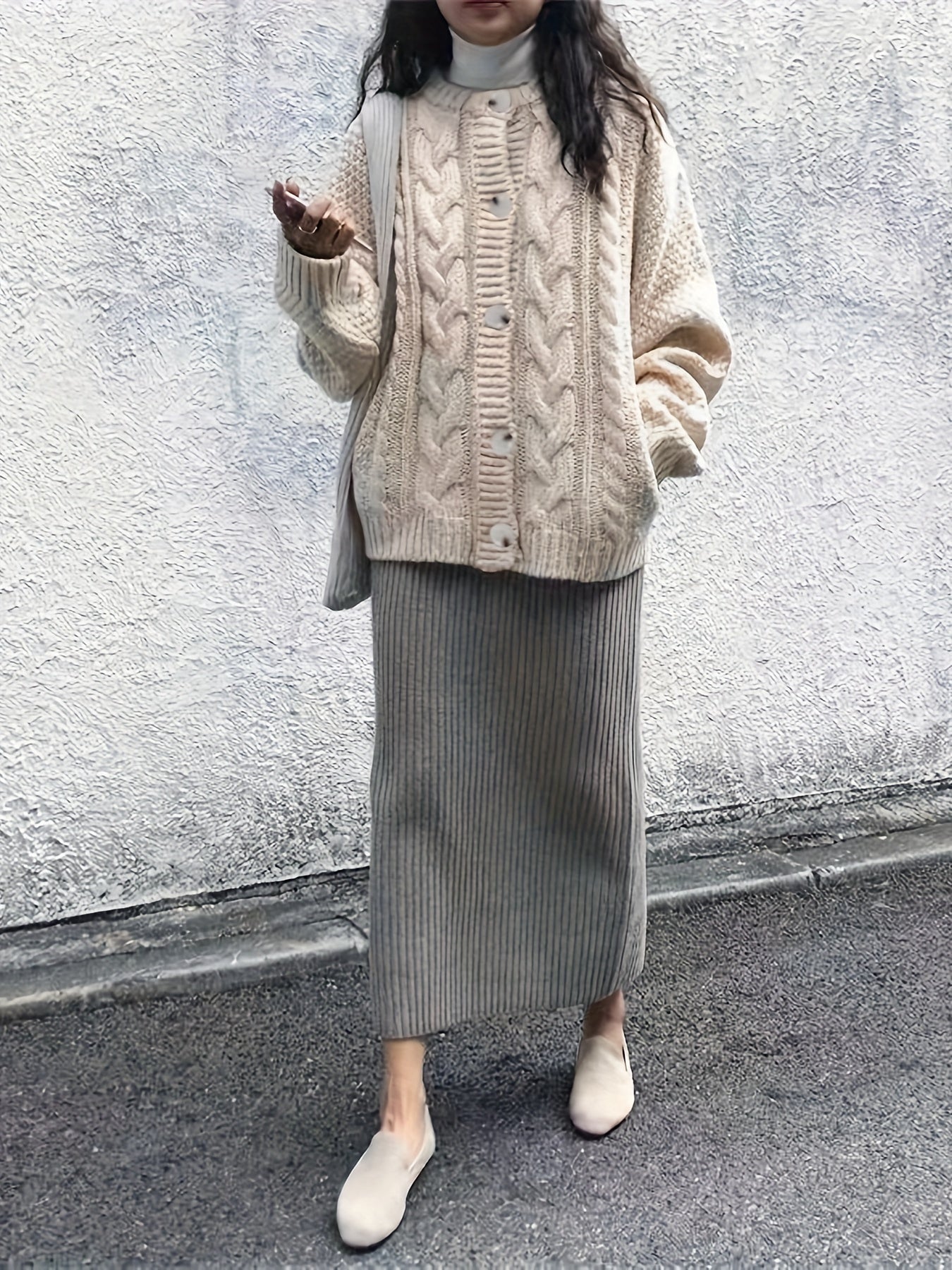 Solid Button Up Cable Knit Cardigan, Casual Long Sleeve Loose Thick Sweater, Women's Clothing