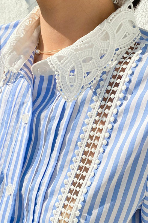 Chic Stripe Lace Puff Sleeve Blouse - Seldom Seen Styles