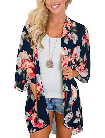 Women's Beach Cover up Swimsuit Kimono with Bohemian Floral Print, Loose Casual Resort Wear