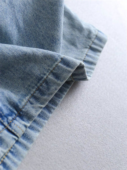 Women's Light Blue Washed Denim Sleeveless Lapel Collar Pearl Button Maxi Dress Lace Floral Chest Pockets Elastic Waist with Free Woven Tassel Waist Accessory S M L XL