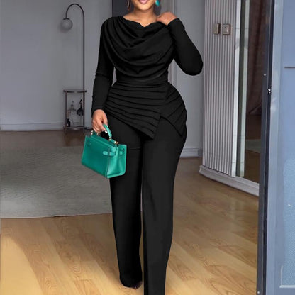 Cowl Neck Asymmetrical Patchwork Ruched Jumpsuit Casual Cinched Waist Zipper Back Straight Leg Jumpsuit