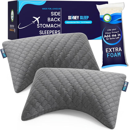 Sidney Sleep Adjustable Curved Contour Fill Pillow – Queen Size – for Side and Back Sleepers – Neck & Shoulder Comfort Support – Extra Fill Included (White)