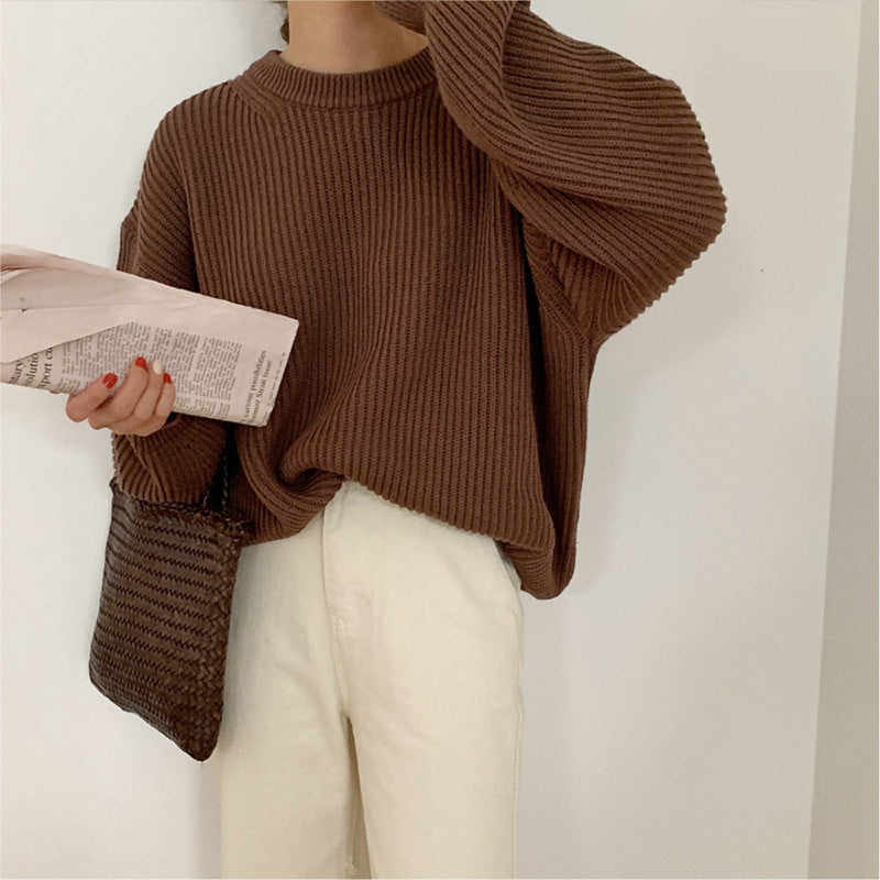 Women's Korean-Style Solid Color round Neck Sweater2023Autumn Idle Style Loose Pullover Base Knitwear Top Fashion