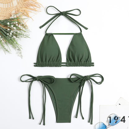 drawstring bikini two piece bikini set Women Small Chest Gathered Two-Piece Swimsuit Nylon Multi-Color Solid Color Swimsuit - Seldom Seen Styles