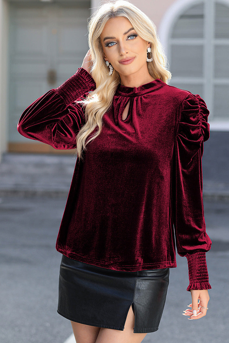 European and American Elegant Solid Color Velvet Chiffon Shirt Women2024Autumn New Fashion Pleating Stand Collar Pullover Women