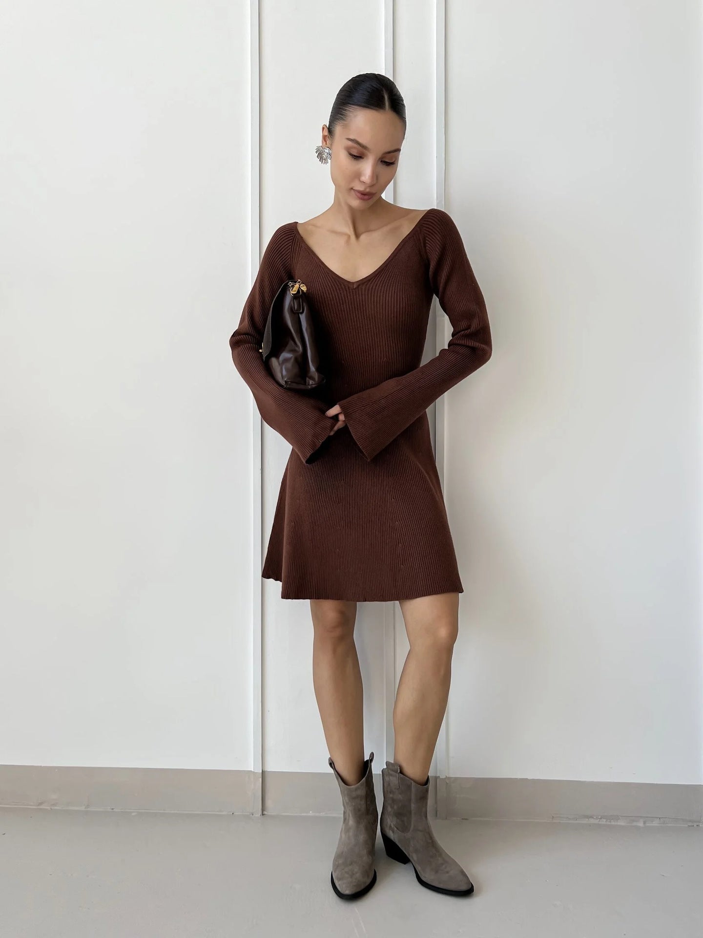 off-Shoulder Dress Woolen Skirt Sexy Knitted Dress Long Sleeve Short Dress Thickened A- line Europe and America Cross Border Autumn and Winter Skirt