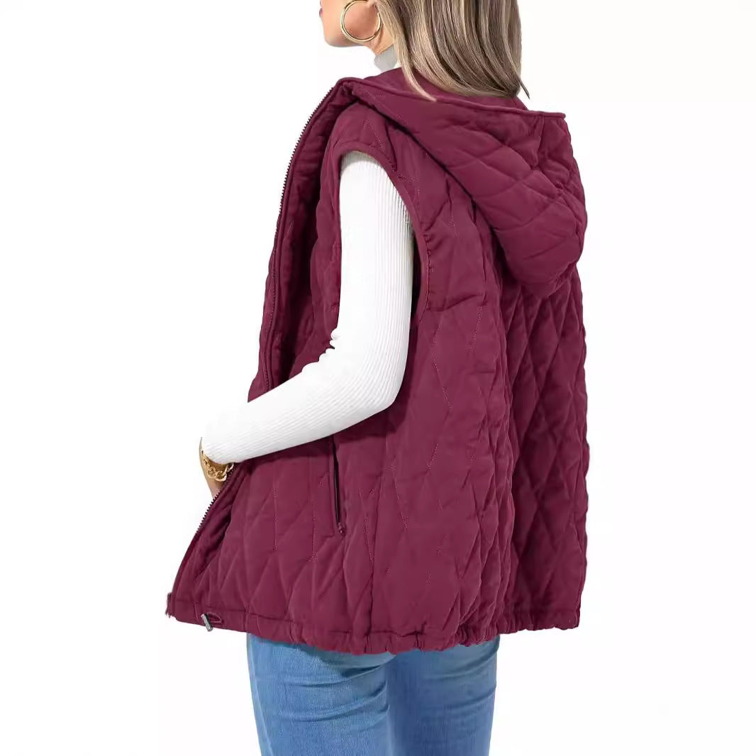 Women's Quilted Vest Casual Sleeveless Hooded Zip Up Diamond pattern Jacket With Pockets Winter Coat Outerwear Minimalist Top - Seldom Seen Styles