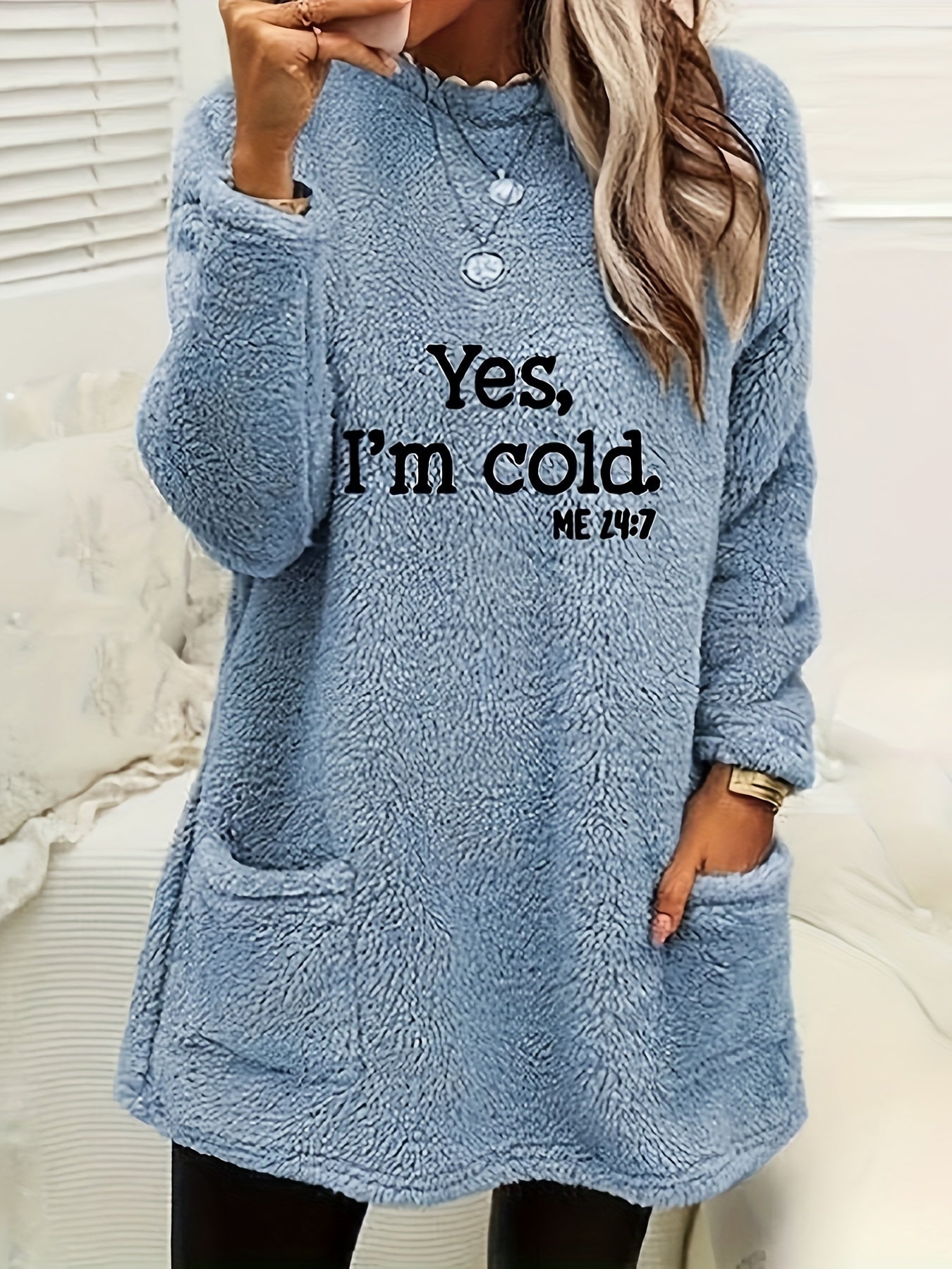 Cozy Cold Print Fleece Pullover Sweatshirt - Soft, Casual, Long Sleeve Crew Neck with Pockets for Fall & Winter - Women's Comfortable Clothing for Chilly Days