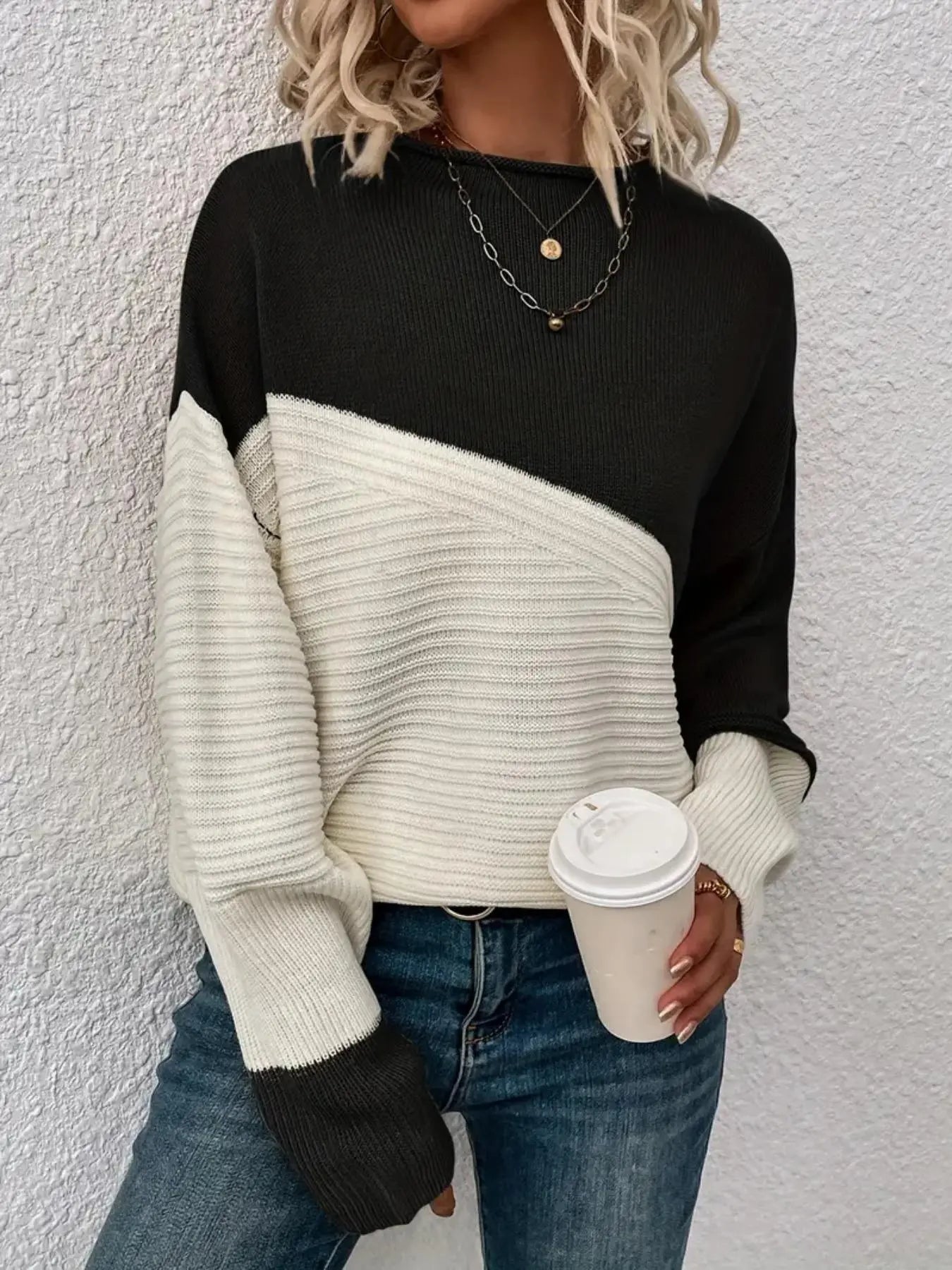 Women's Colorblock Drop Shoulder Sweater, Casual Long Sleeve Round Neck Jumper, Ladies' Knitwear for Everyday Wear, Sweaters for Women, Womenswear - Seldom Seen Styles