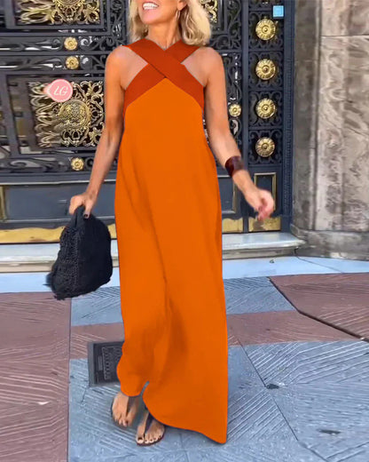 Women's Cross Halter Neck Sleeveless Stitching Dress