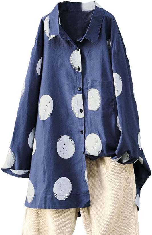 Minibee Women&#39;s Button Down Tunic Tops Polka Blouse Cotton Shirt