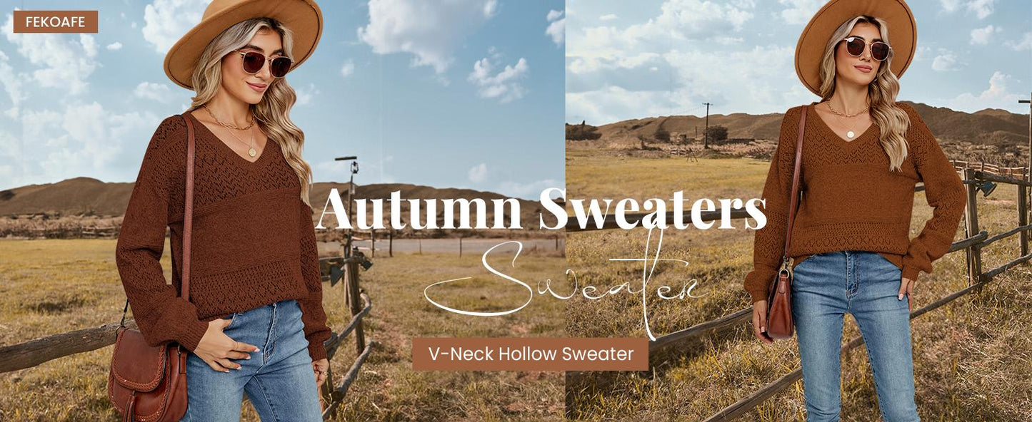 Womens Sweaters 2025 Fall V Neck Long Sleeve Hollow Knit Pullover Sweaters for Women