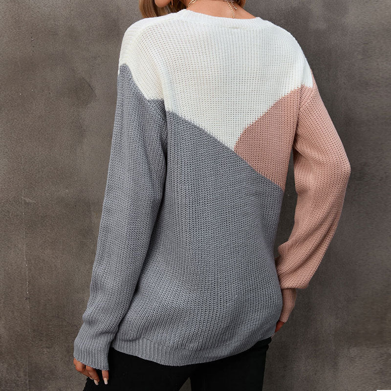 Sweater Loose round Neck Women's Bottoming Shirt Autumn Amazon Foreign Trade New Three-Color Geometric Colored Pullover Sweater for Women