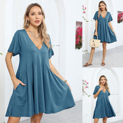 Womens Summer Mini Dress Casual Short Sleeve Loose V Neck Flowy Sundress Vacation Tshirt Sun Dress