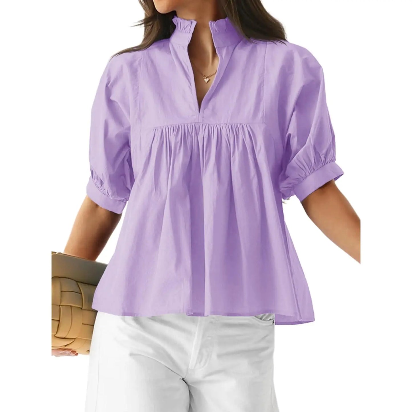 Cicy Bell Womens V Neck Puff Sleeve Blouse Babydoll Peplum Tops Dressy Casual Pleated Loose Fit Shirts - Seldom Seen Styles