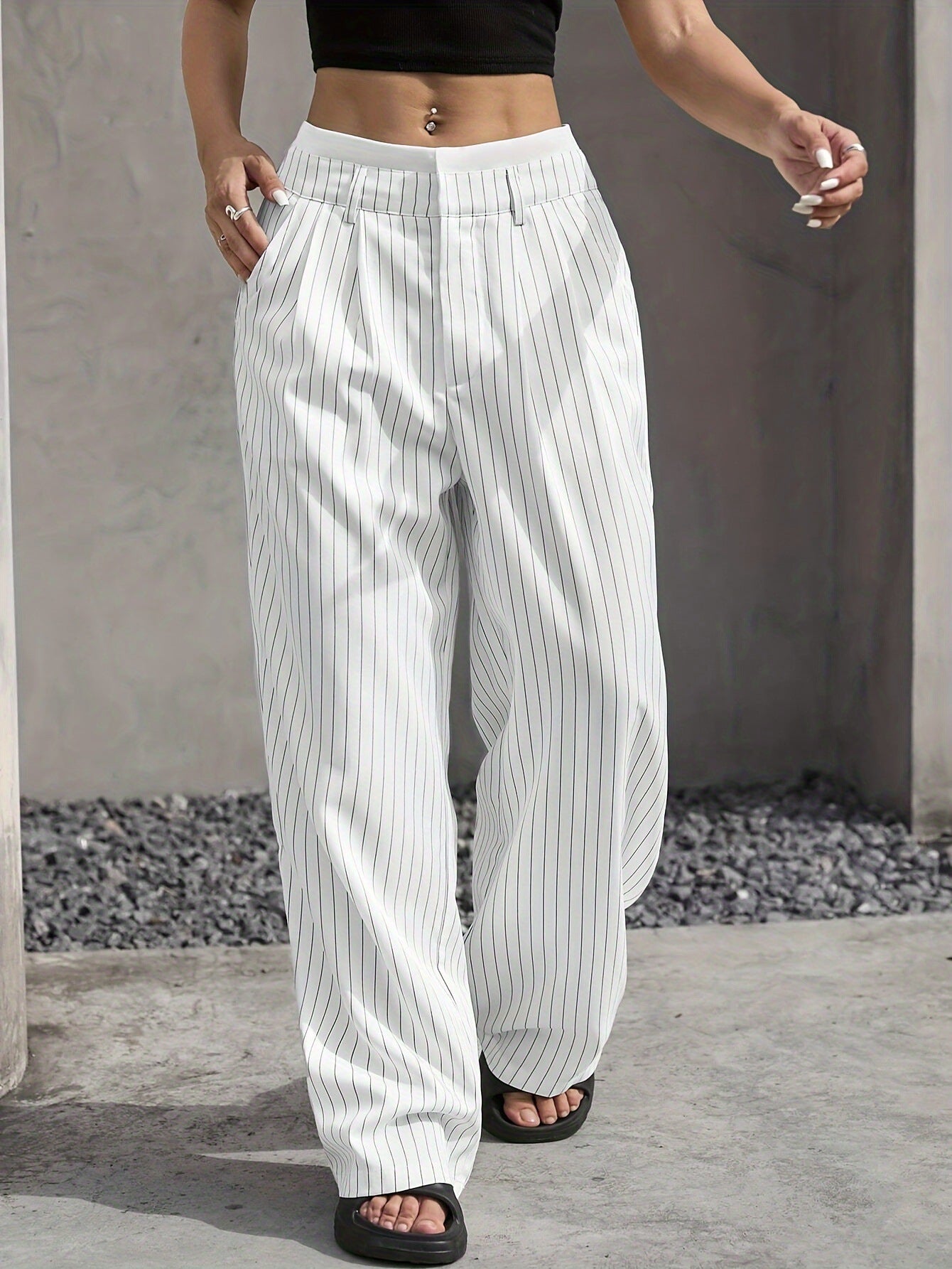 Women's Striped Pants Color Block High Waisted Wide Leg Casual Work Office Long Trousers - Seldom Seen Styles
