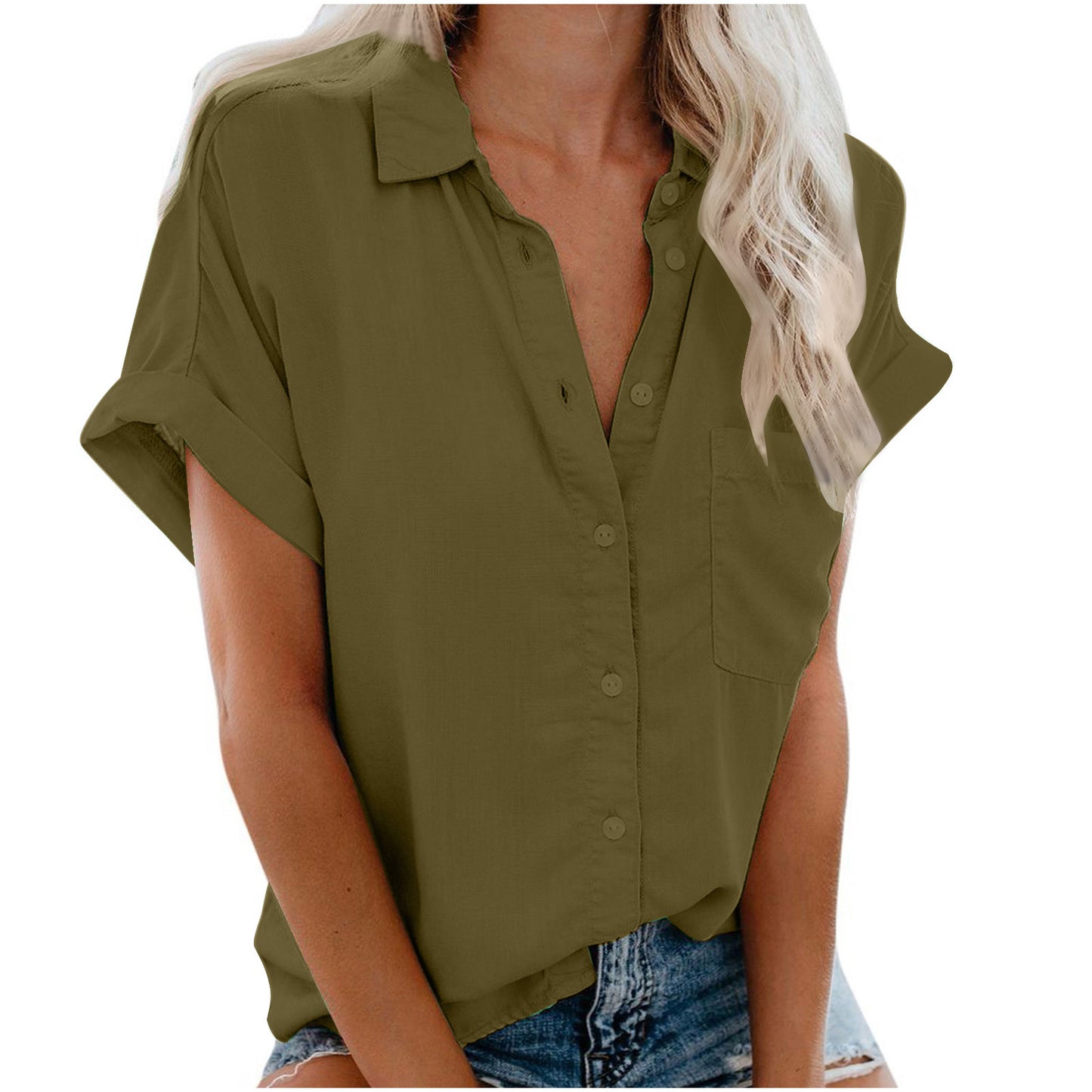 Beautife Damen Kurzarmhemden, V-Ausschnitt, Kragen, Button-Down-Shirt, Tops mit Taschen