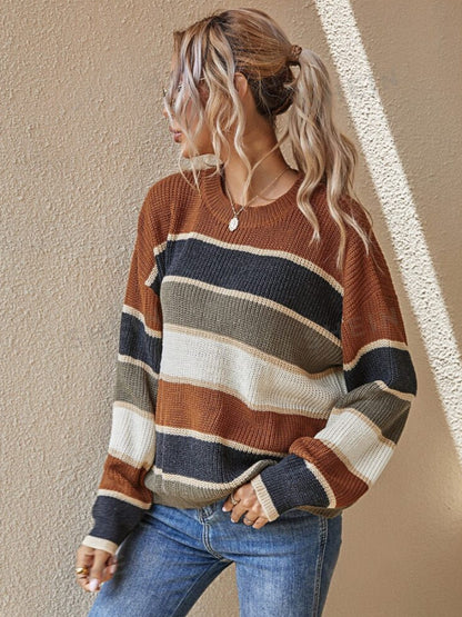 Women's Colorblock Striped Print Drop Shoulder Sweater, Soft Casual Long Sleeve Round Neck Jumper for Fall & Winter, Fashion Ladies' Knitwear for Daily Wear