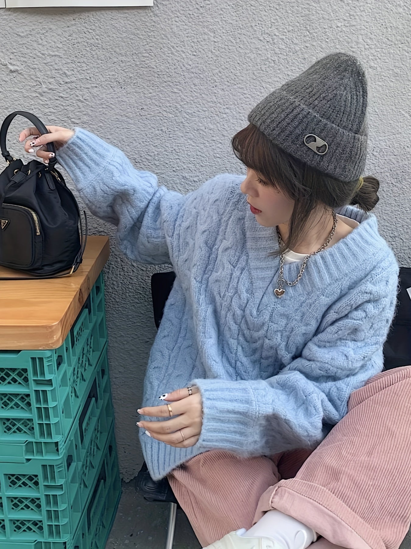 Cozy Light Blue V-Neck Cable Knit Sweater Women's Fashion Pullover - Casual Polyester 100% Solid Color Knitted Jumper with Long Sleeves for All Seasons