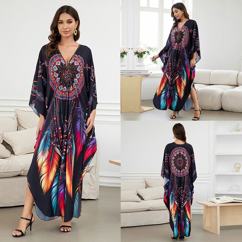 [Plus Size] Butterfly/feather Print Ruched Split Hem Tunic Dress, Valentine's Day Elegant Batwing Sleeve V Neck Long Dress for Summer, Casual Womenswear, Gift, Homecoming Dresses, Women's Clothes for Beach Holiday Vacation, Moo Moo Dresses