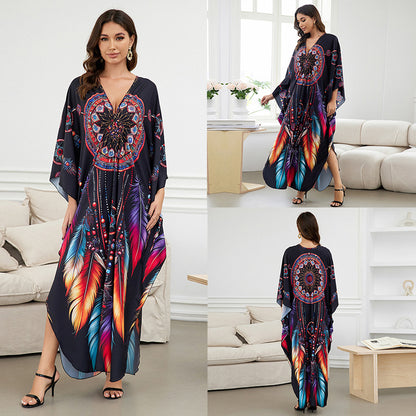 [Plus Size] Butterfly/feather Print Ruched Split Hem Tunic Dress, Valentine's Day Elegant Batwing Sleeve V Neck Long Dress for Summer, Casual Womenswear, Gift, Homecoming Dresses, Women's Clothes for Beach Holiday Vacation, Moo Moo Dresses