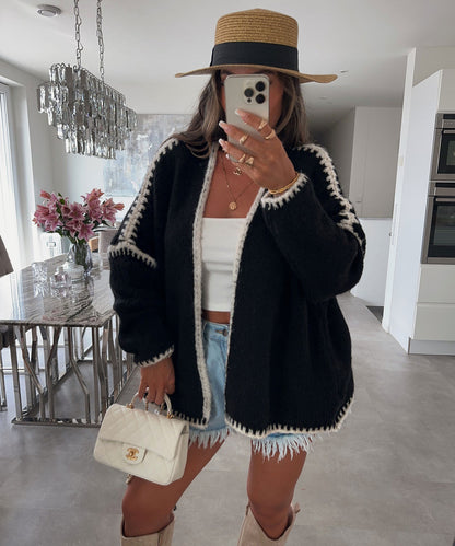 Nordic Foreign Trade Cross-Border Autumn and Winter New ins Style Thick Needle Imitation Woolen Knitted Sweater Coat Solid Color Loose Cardigan