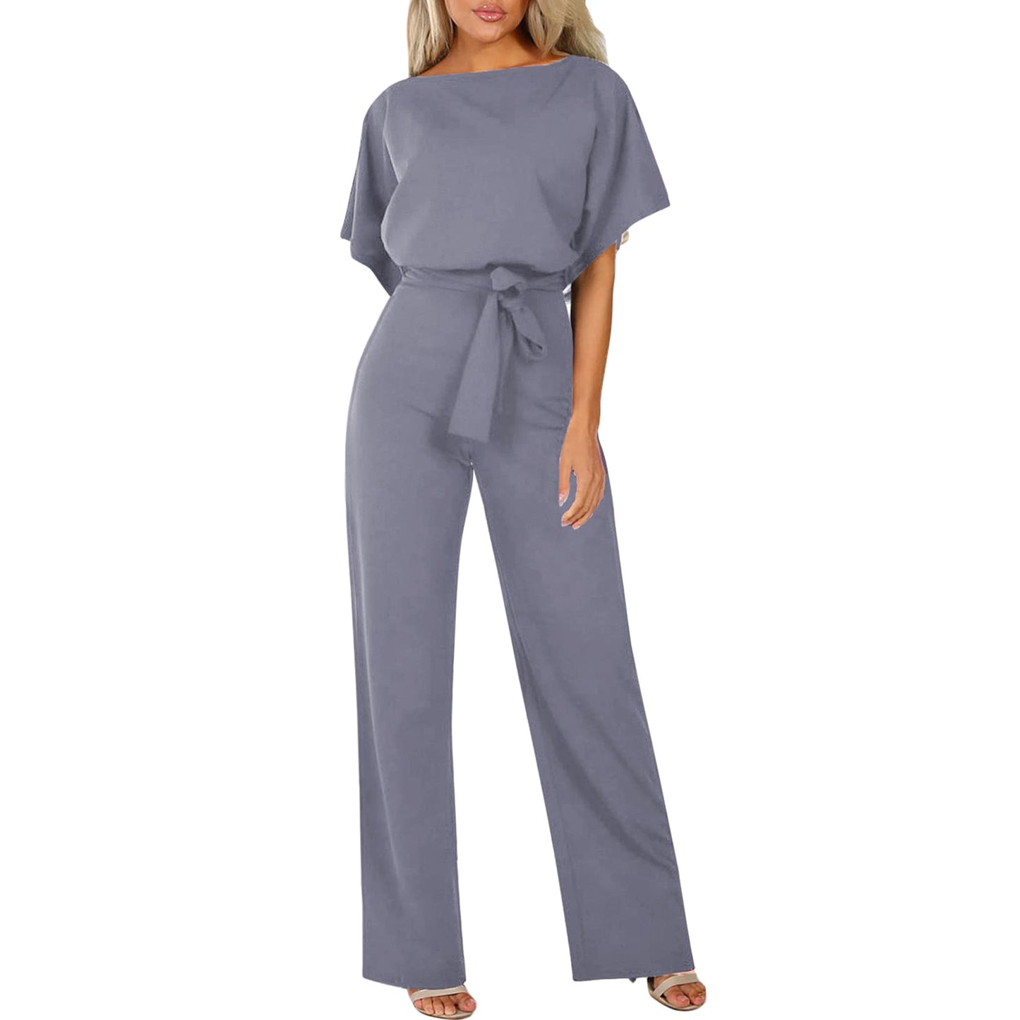 Womens Loose Short Sleeve Belted Wide Leg Pant Romper Jumpsuit Business Casual One Piece Outfits - Seldom Seen Styles
