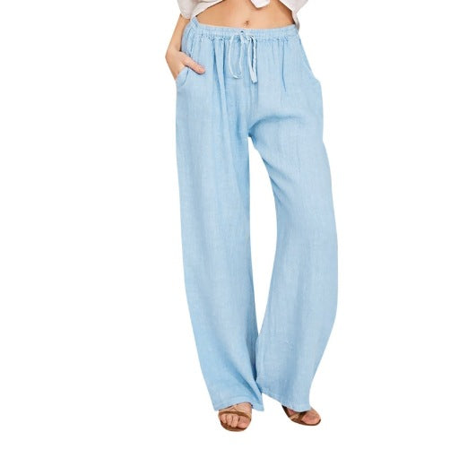 Women's Summer Drawstring Waist Wide Leg Loose Cotton Linen Palazzo Pants - Seldom Seen Styles