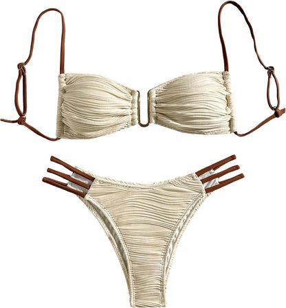 Women's Cut Out V Wire Bikini Set 2 Piece High Cut Textured Ruched Beach Swim Bathing Suits - Seldom Seen Styles