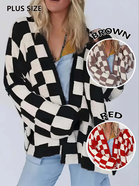 Plus Size Plaid Print Drop Shoulder Cardigan, Casual Long Sleeve Open Front Knitwear for Fall & Winter, Women's Plus Clothing for Daily Wear, Style - Seldom Seen Styles