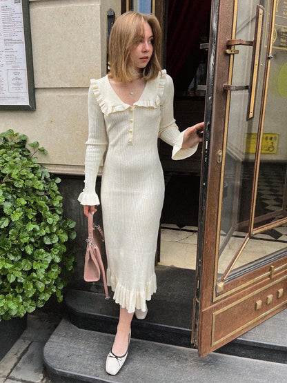 Ruffled Dress Knitted Dress Autumn  Winter New Style Sweater Dress  Retro Lady  French Dress