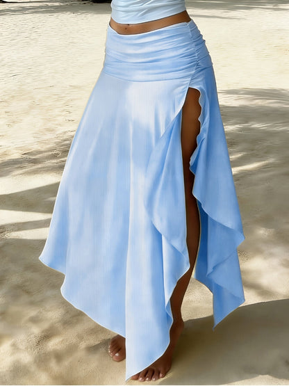 Women's Ruched Waist Asymmetric Ruffle Hem Maxi Skirt