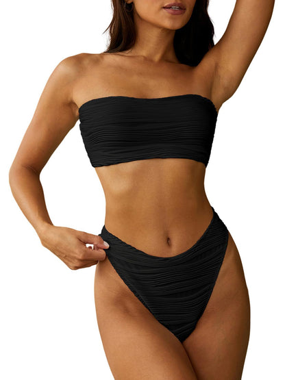 Women Strapless Textured Bandeau Bikini 2 Piece Swimwear Cheeky Solid Lace up Bathing Suits - Seldom Seen Styles