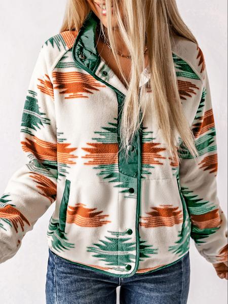 Women's Geometric Print Pocket Button Front Zipper Polar Fleece Spring Jacket, Casual Stand Collar Long Sleeve Coat for Fall & Winter, Women's Clothes for Daily Wear, Jackets & Coats, Fall Outfits, Fall Clothes, Preppy 80s Clothes - Seldom Seen Styles