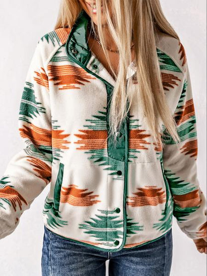 Women's Geometric Print Pocket Button Front Zipper Polar Fleece Spring Jacket, Casual Stand Collar Long Sleeve Coat for Fall & Winter, Women's Clothes for Daily Wear, Jackets & Coats, Fall Outfits, Fall Clothes, Preppy 80s Clothes
