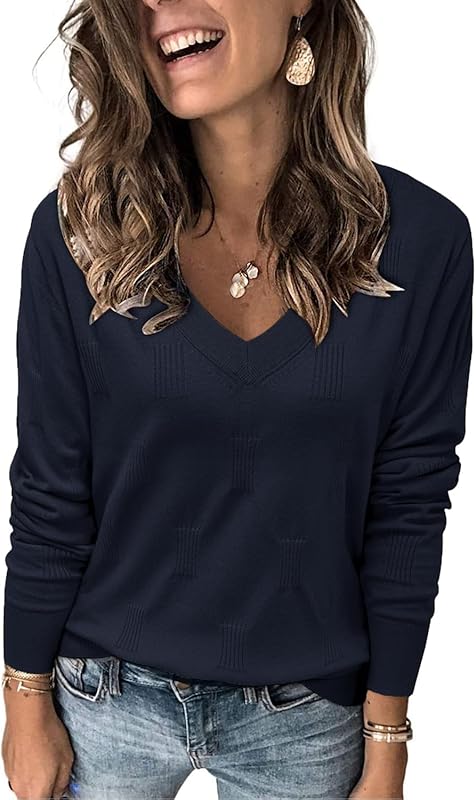 Womens Fall Tops 2024 Fashion V Neck Long Sleeve Shirts Blouse Knit Casual Pullover Sweater Cozy Clouds XS-3XL