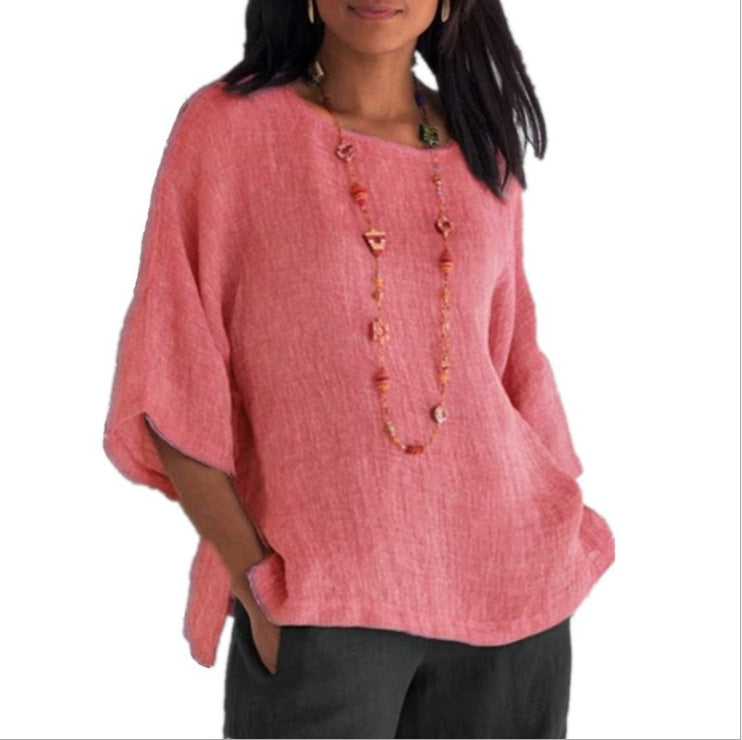 Womens Cotton Linen 3/4 Sleeve Casual Loose Top Crew Neck Shirt Spring Summer Oversized Solid Color Blouses for Women 2024 - Seldom Seen Styles