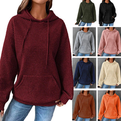 Womens Hoodies Casual Long Sleeve Drawstring Waffle Pullover Tops Loose Hooded Sweatshirt with Pocket