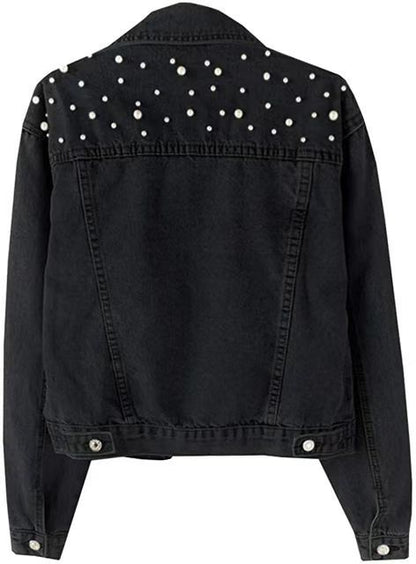 Women's Fashion Loose Embroidered Pearls Beading Cropped Denim Jacket Jean Coat