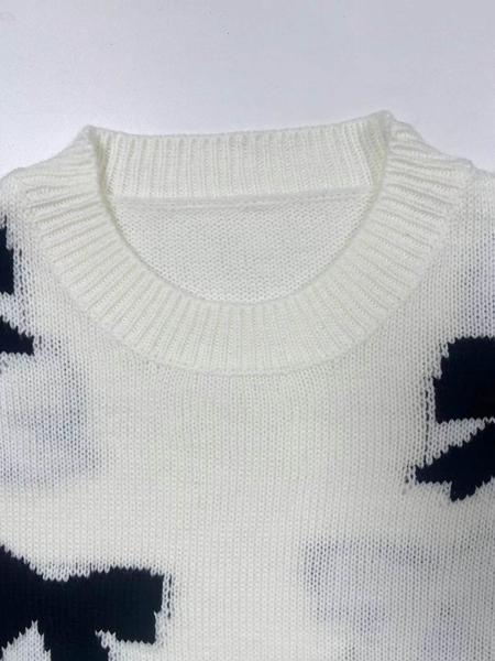 Fashion Bow Print Casual Basic Loose Knitted Sweater Pullover Autumn/Winter Women Pullovers New O-Neck Full Sleeve Knit Sweater, Knitwear - Seldom Seen Styles