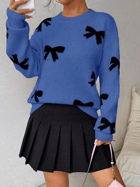 Fashion Bow Print Casual Basic Loose Knitted Sweater Pullover Autumn/Winter Women Pullovers New O-Neck Full Sleeve Knit Sweater, Knitwear - Seldom Seen Styles