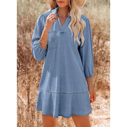 Denim Dress for Women Fashion Fall Casual Babydoll 2025 V Neck 3/4 Puff Sleeve Jean Dresses - Seldom Seen Styles
