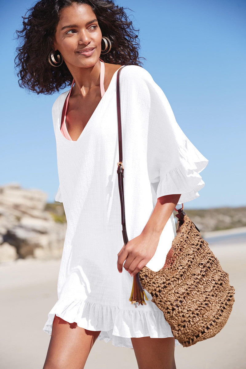 Womens Swimsuit Coverup V Neck Bathing Suit Beach Dress Sexy Ruffle Sleeves Bikini Cover Up Loose Top - Seldom Seen Styles