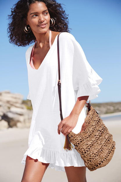 Womens Swimsuit Coverup V Neck Bathing Suit Beach Dress Sexy Ruffle Sleeves Bikini Cover Up Loose Top