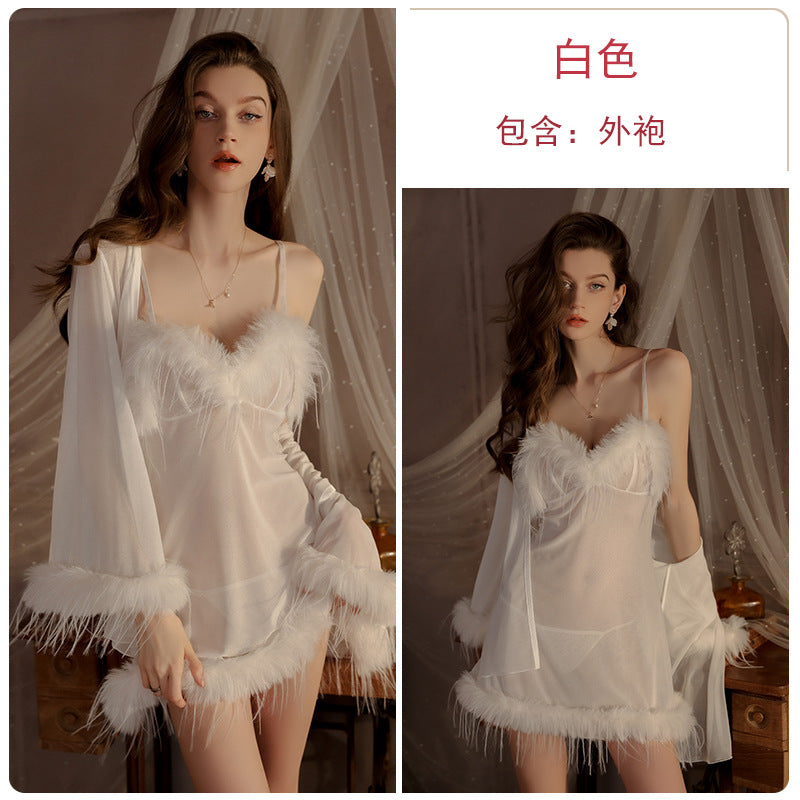 Womens Sexy 3 Piece Fuzzy Lingerie Set Transparent Tulle Nightshirt With Robe and G-String - Seldom Seen Styles