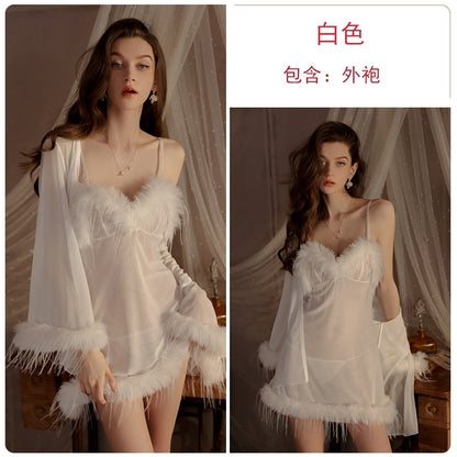 Womens Sexy 3 Piece Fuzzy Lingerie Set Transparent Tulle Nightshirt With Robe and G-String