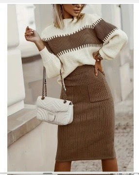 Women's Elegant Knitwear Set - Color Block Ribbed Sweater with Mock Neck and Long