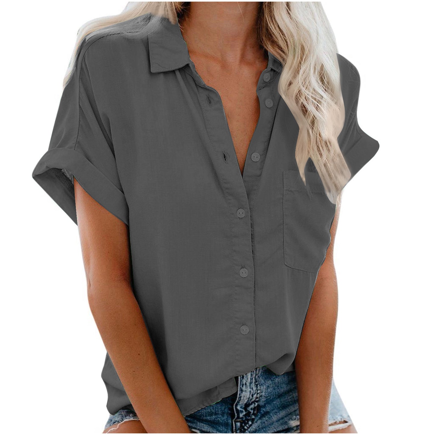 Beautife Damen Kurzarmhemden, V-Ausschnitt, Kragen, Button-Down-Shirt, Tops mit Taschen