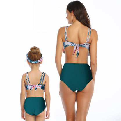 Family Matching Swimwear Mother Daughter Women Kids Girls Floral Green Leaves Printed Bikini Two-Piece Swimwear Suits - Seldom Seen Styles