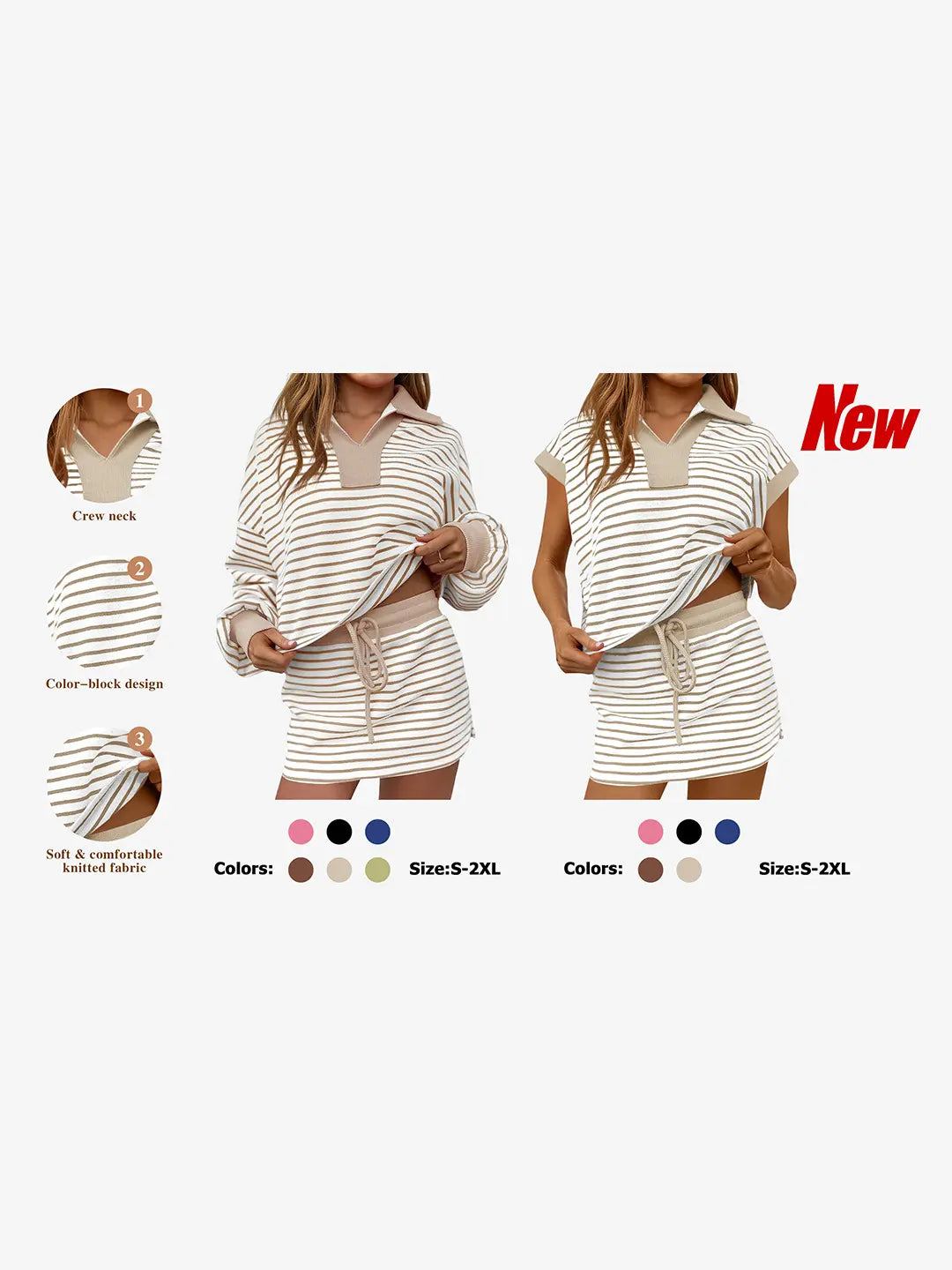 Fisoew Striped 2 Piece Outfits Casual Sweatshirt Skirt Set Long Sleeve Skort Workout Set Matching Lounge Sets Women's Matching Sets Women #Springtok #TikTokShopHolidayHaul #TikTokShopJumpstartSale Fabrics Elastic two piece set Elegance Shorts - Seldom Seen Styles
